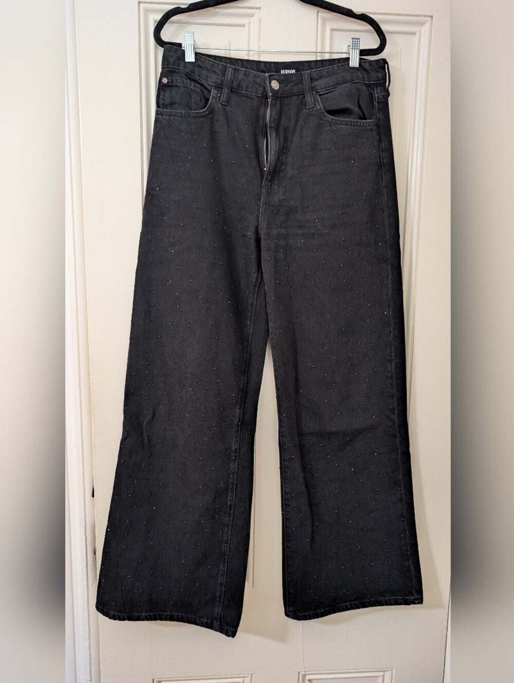 Hudson Jeans Black Wide-Leg Jeans with Subtle Stud Detailing